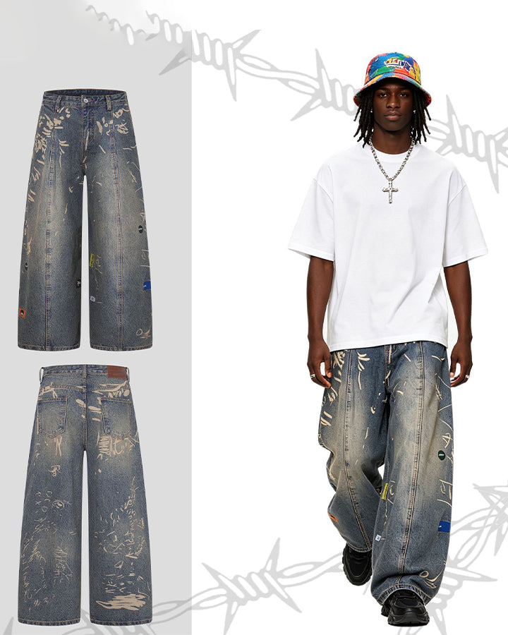 Vintage Graffiti Print Wide Leg Denim Pants New
