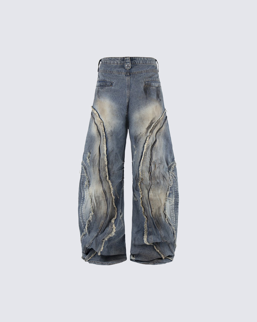 Dark Wavy Zipper Deconstructed Wide Denim Pants New