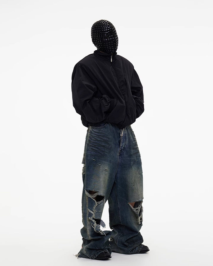 Grunge Distressed Raw Hem Wide Denim Pants New