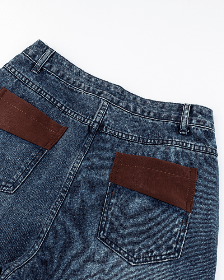 Leather Patch Pocket with Studded Detail Denim Pants