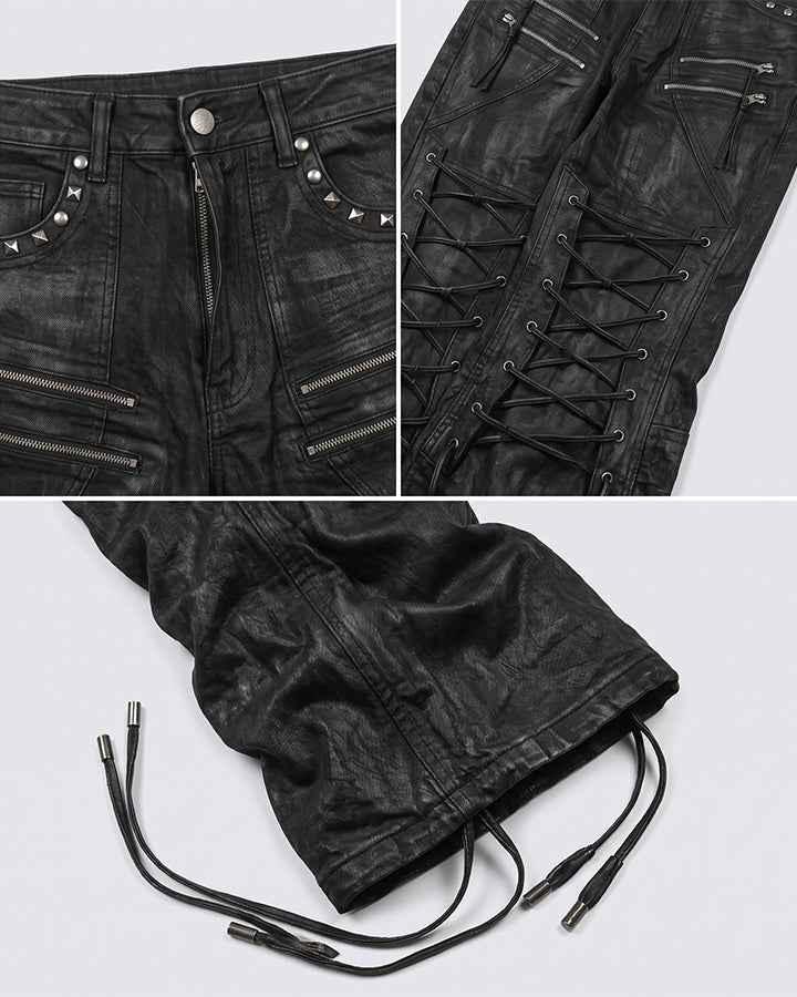 GRYFT Gothic Washed Lace-Up Flared Black Pants