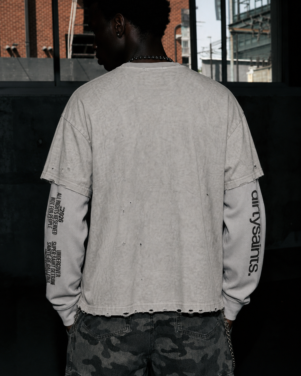 GRYFT Grunge Distressed Typography Layered Long-Sleeve T-Shirt