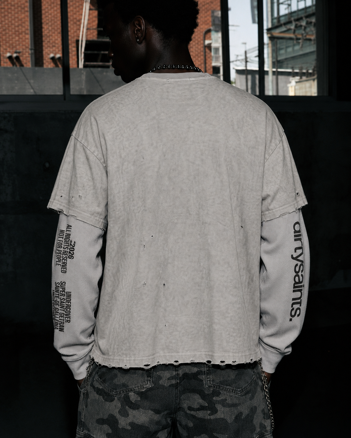 GRYFT Grunge Distressed Typography Layered Long-Sleeve T-Shirt