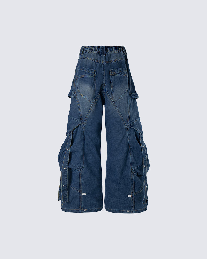 New Dark Washed Utility Strap Wide Leg Jeans