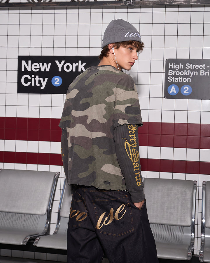 GRYFT Grunge Camo Layered Graphic Long-Sleeve T-Shirt