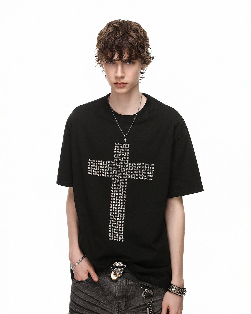 Vintage Cross Rhinestone Black Short Sleeve T-Shirt