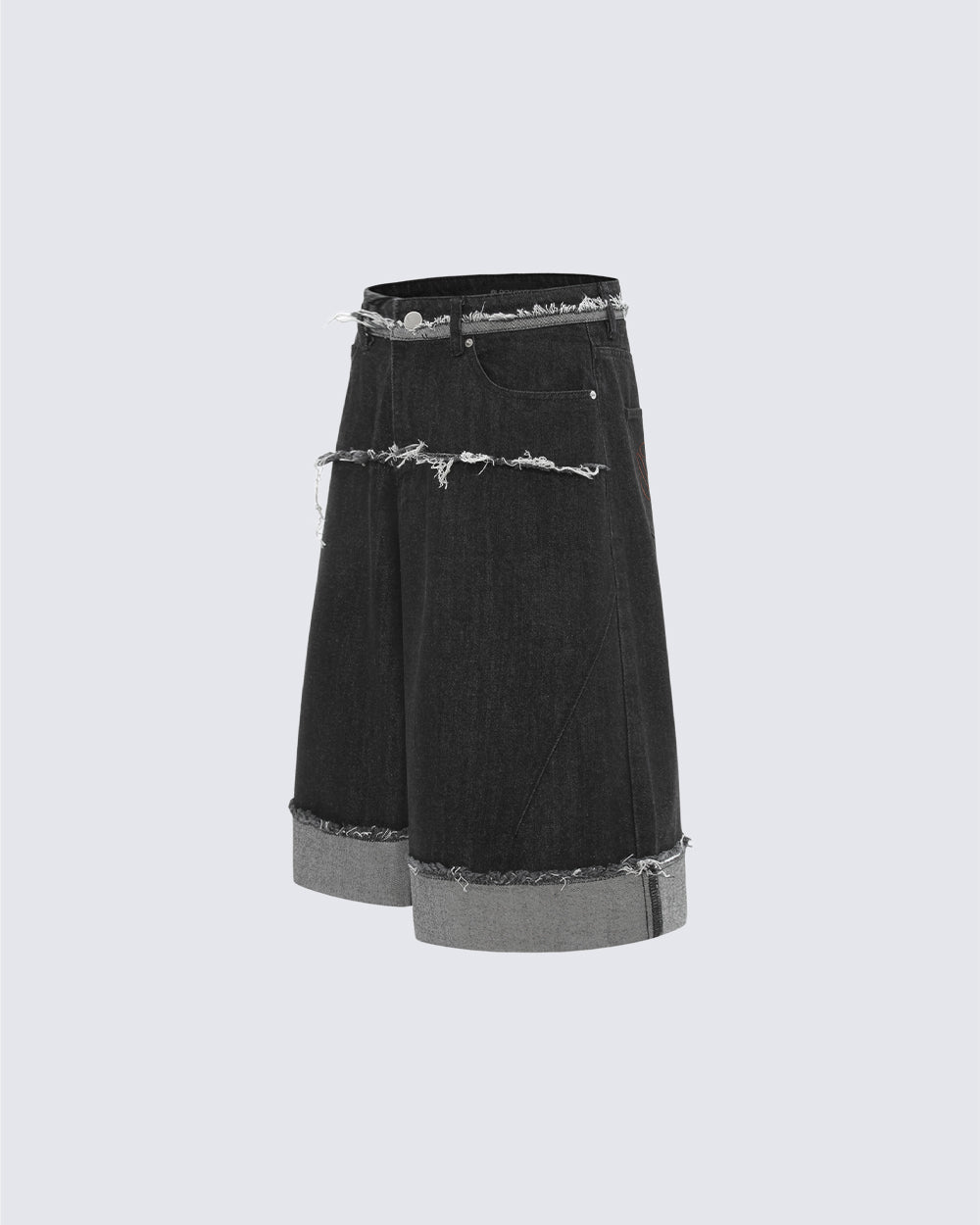 New Dark Raw Edge Cuffed Wide Denim Shorts