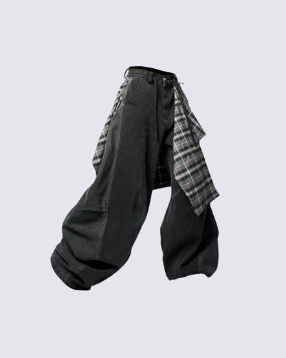 Detachable Plaid Layer Wide-Leg Pants