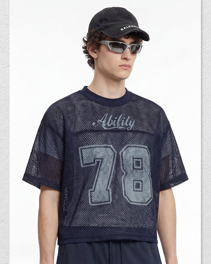 Black Mesh Number Print V-Neck T-Shirt