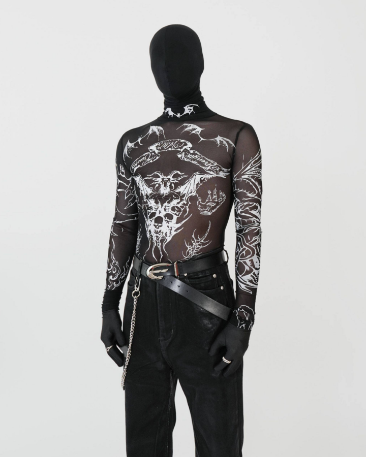 Gothic Mesh Long Sleeve Top with Graphic Print