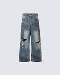 Grunge Distressed Raw Hem Wide Denim Pants New