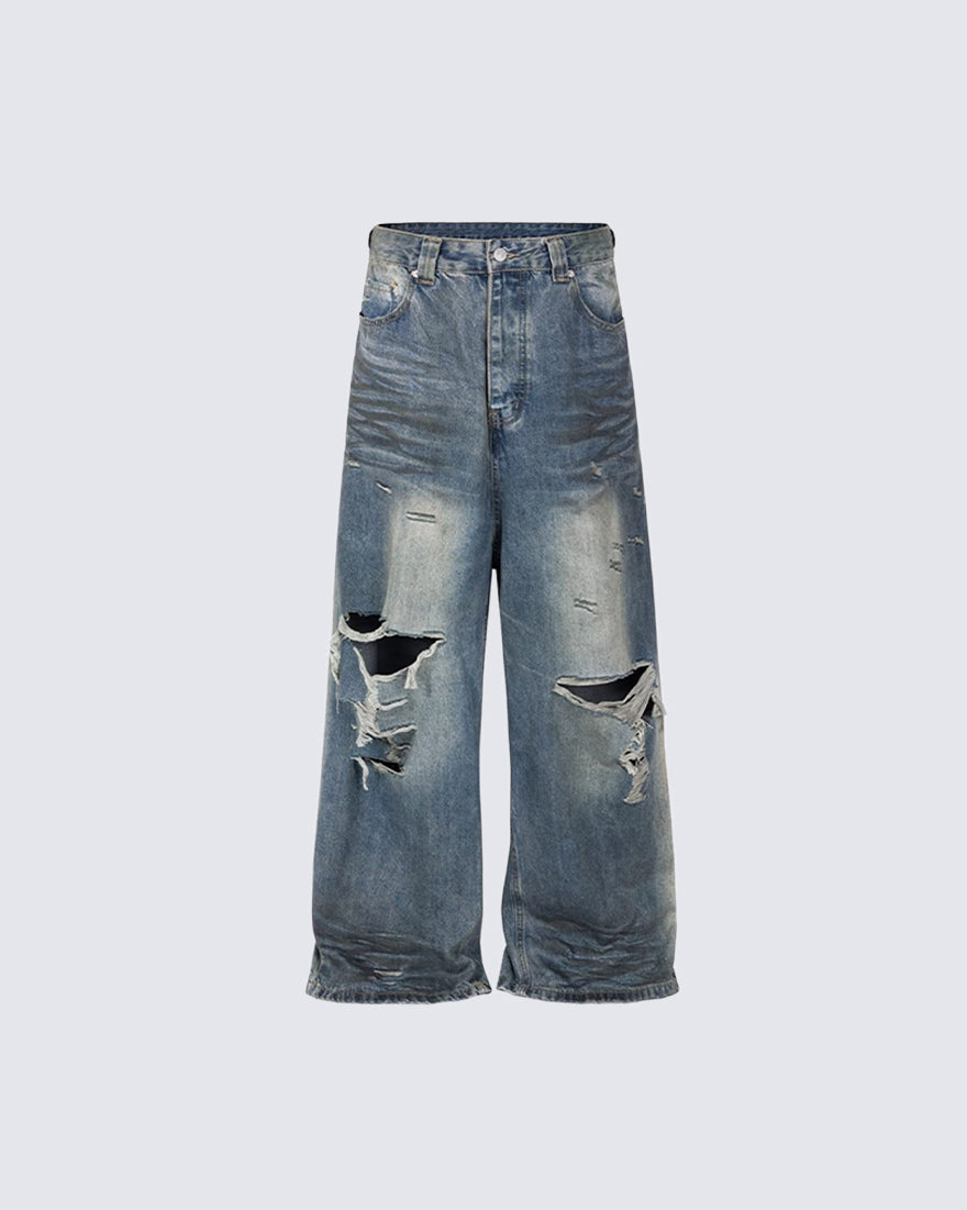 Grunge Distressed Raw Hem Wide Denim Pants New