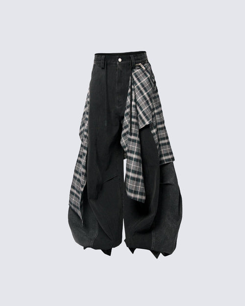 Detachable Plaid Layer Wide-Leg Pants