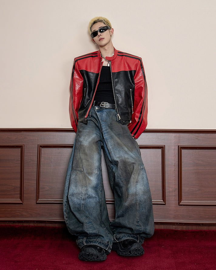 Washed Reverse-Waist Wide-Leg Jeans