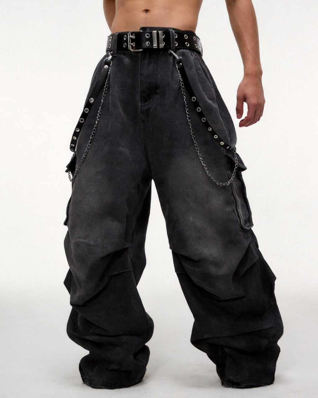 Washed Pocket Cargo Pants（Free Belt and Chain Included）