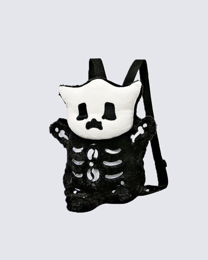 Plush Skeleton Cat Backpack with Cute Face