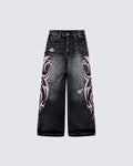 American Retro Style Flame Print Jeans