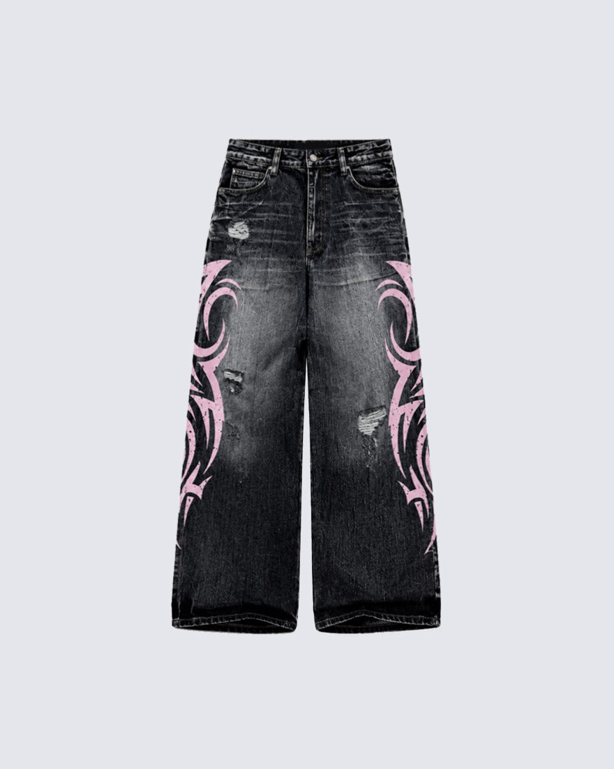 American Retro Style Flame Print Jeans