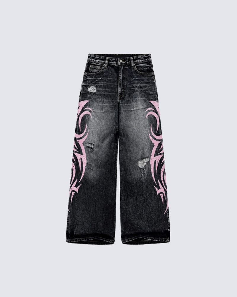 American Retro Style Flame Print Jeans