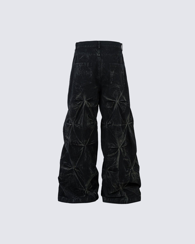 Crinkled Denim Cargo Pants