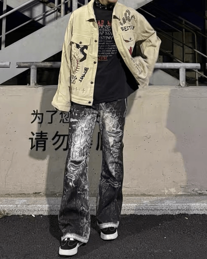 Grunge Snake Print Stacked Washed Jeans