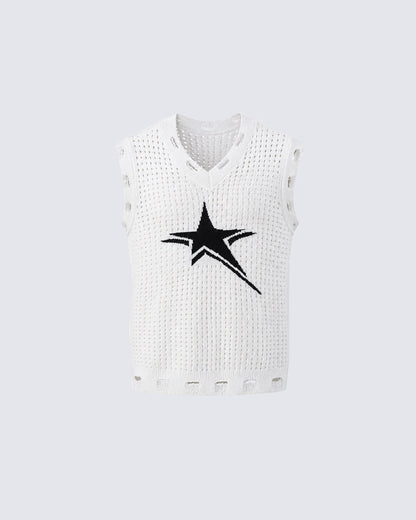 GRYFT Distressed Star Open-Knit Sweater Vest