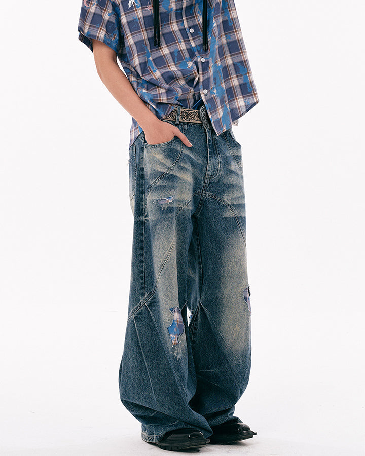 New Vintage Grunge Washed Patchwork Wide Barrel Jeans