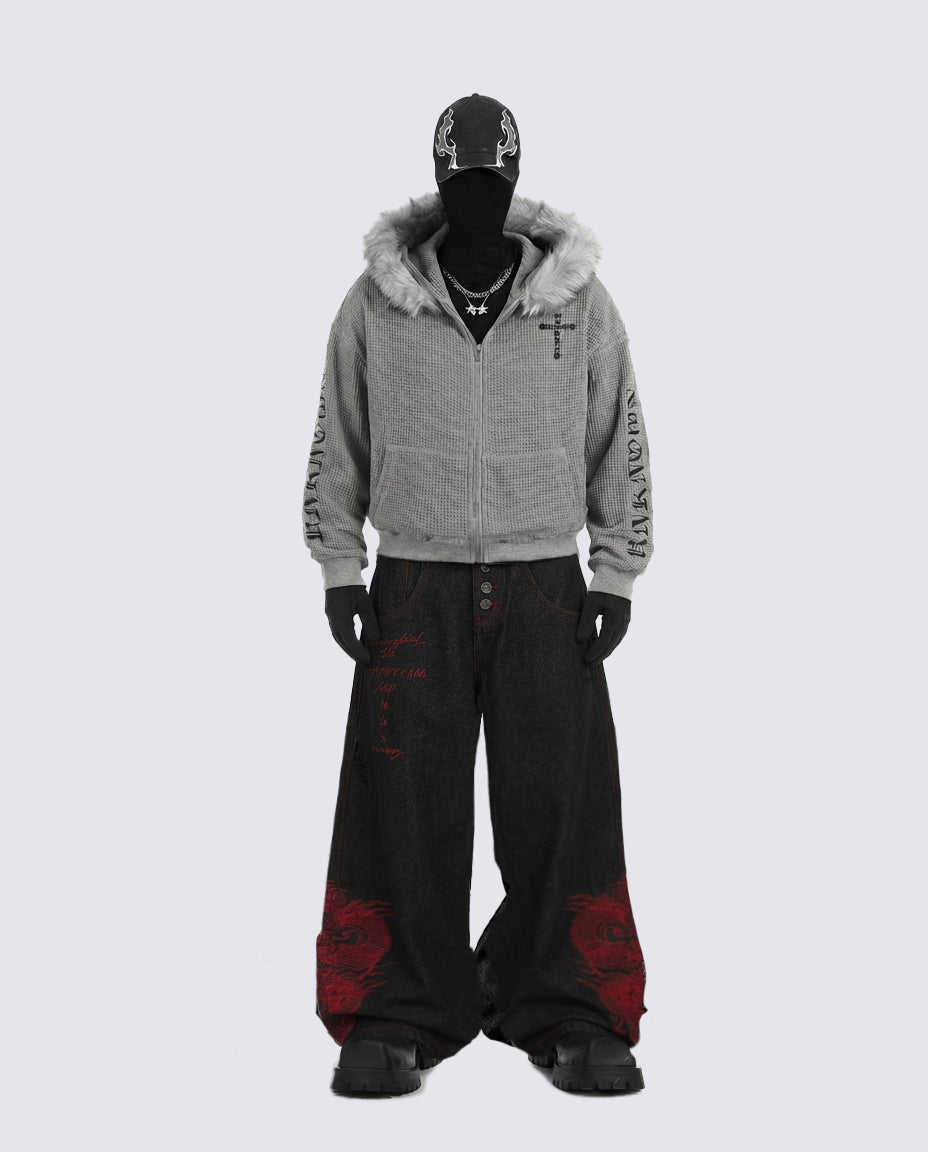 Red Dragon Embroidered Denim Pants