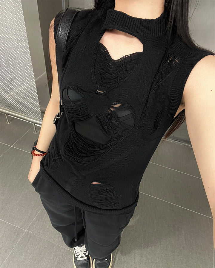New Dark Distressed Cutout Sleeveless Knit Top