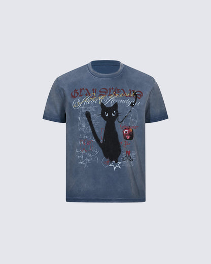 GRYFT Vintage Washed Cat Graphic Streetwear T-Shirt