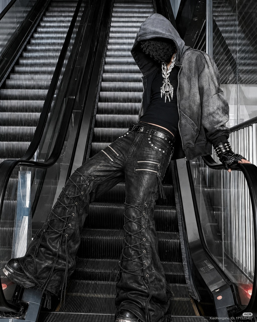 GRYFT Gothic Washed Lace-Up Flared Black Pants