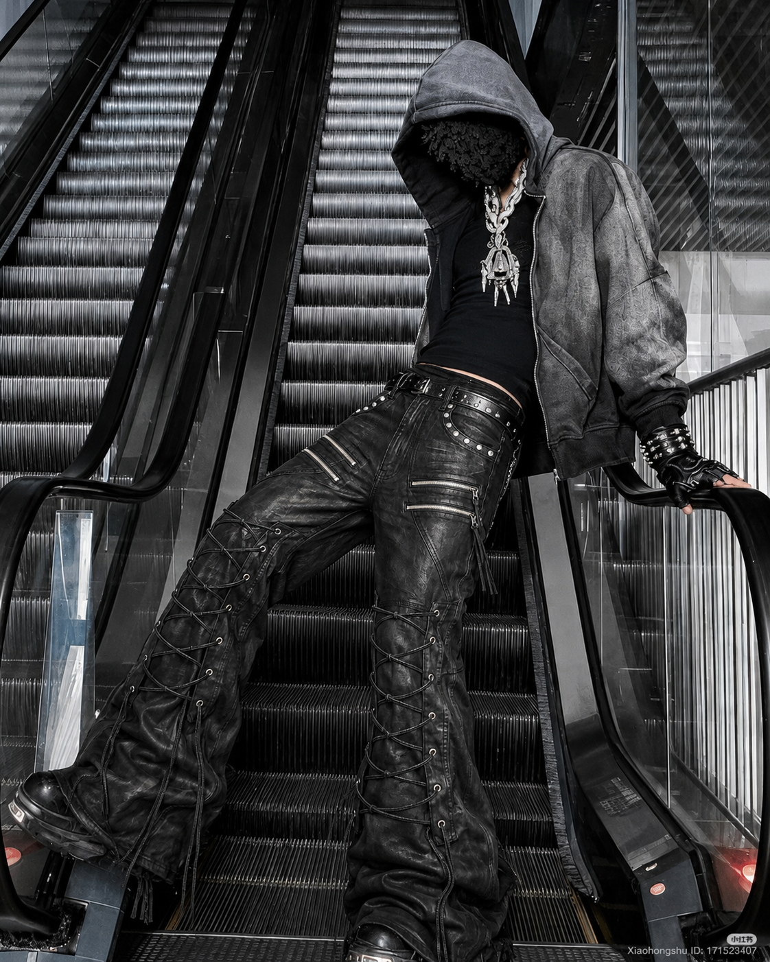 GRYFT Gothic Washed Lace-Up Flared Black Pants