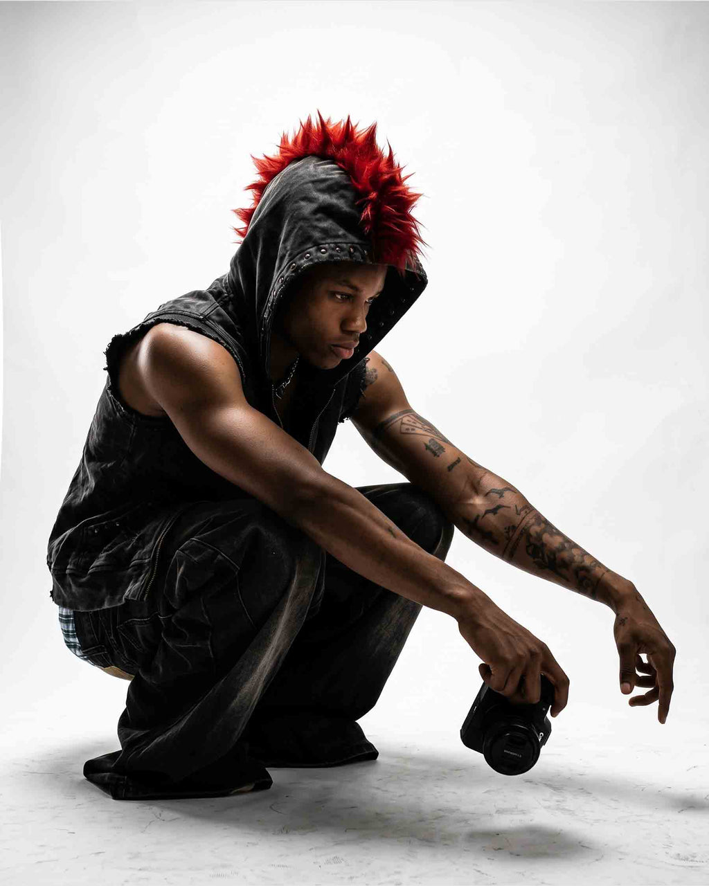 GRYFT RED RUST Series | Distressed Denim Hooded Vest