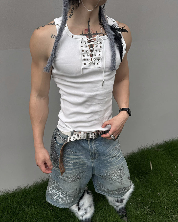 American Punk Lace-Up Rivet Tank Top New