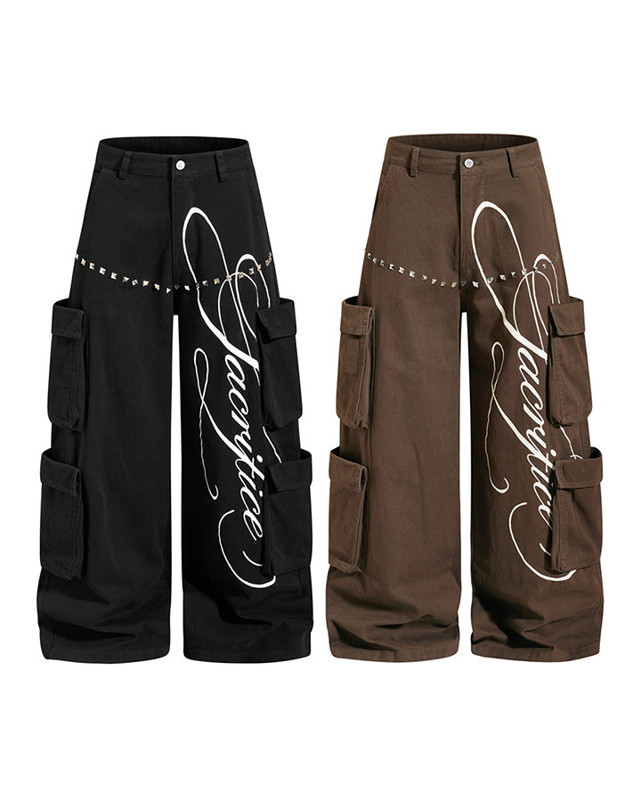 GRYFT Street Studded Graphic Multi-Pocket Wide-Leg Pants