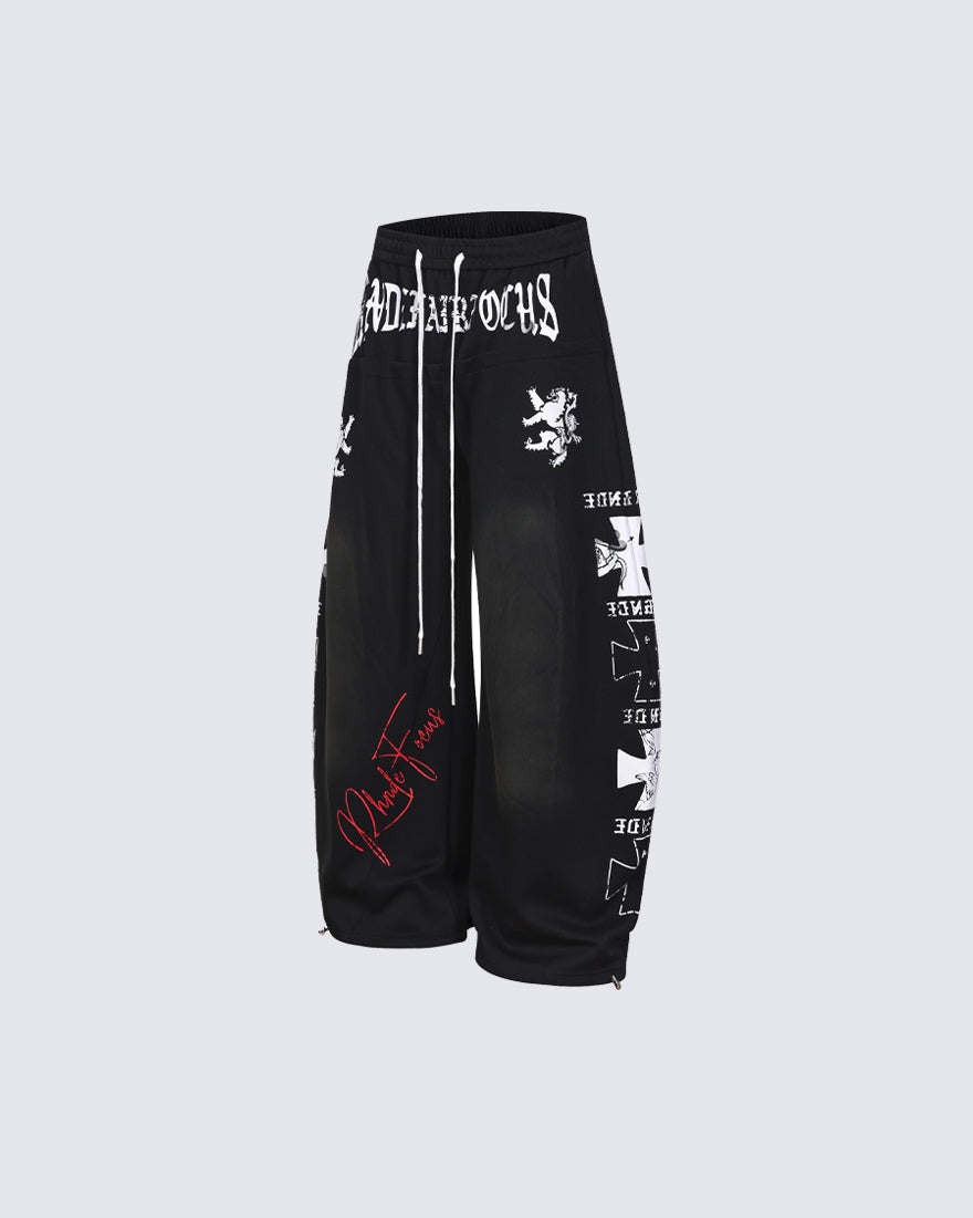 Black Gothic Letter Print Wide-Leg Sweatpants