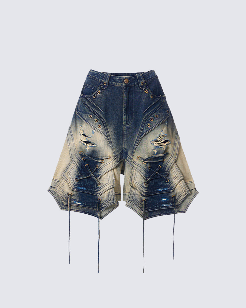 Distressed Lace-Up Washed Denim Shorts New