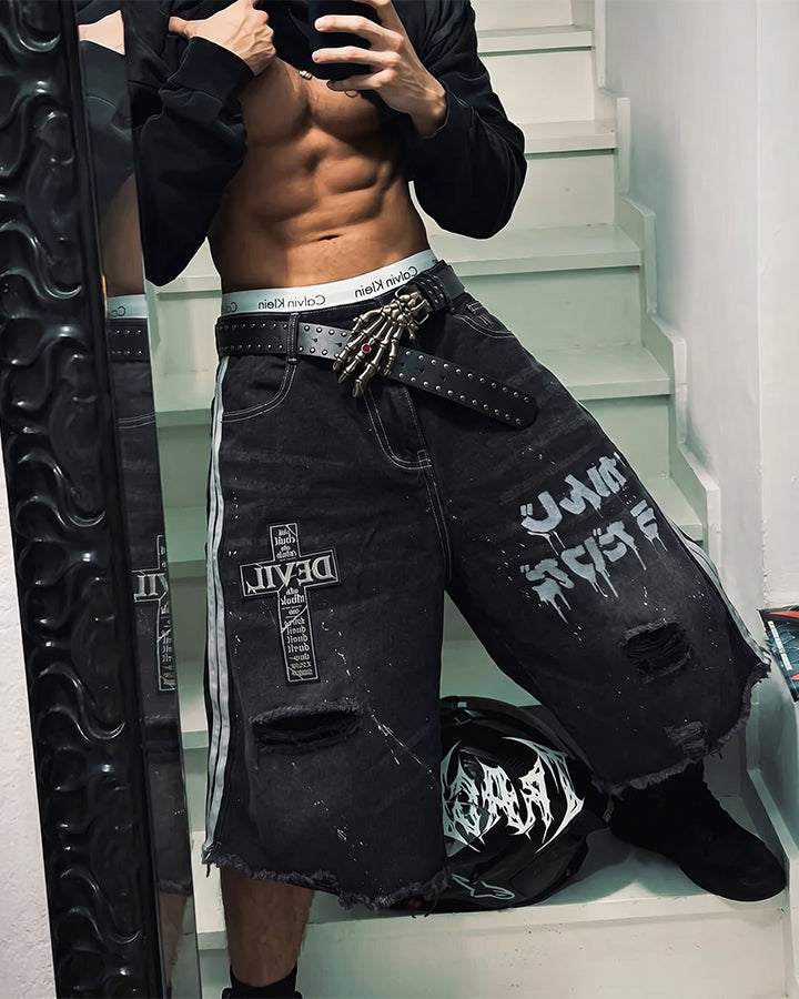 New Dark Gothic Distressed Denim Shorts
