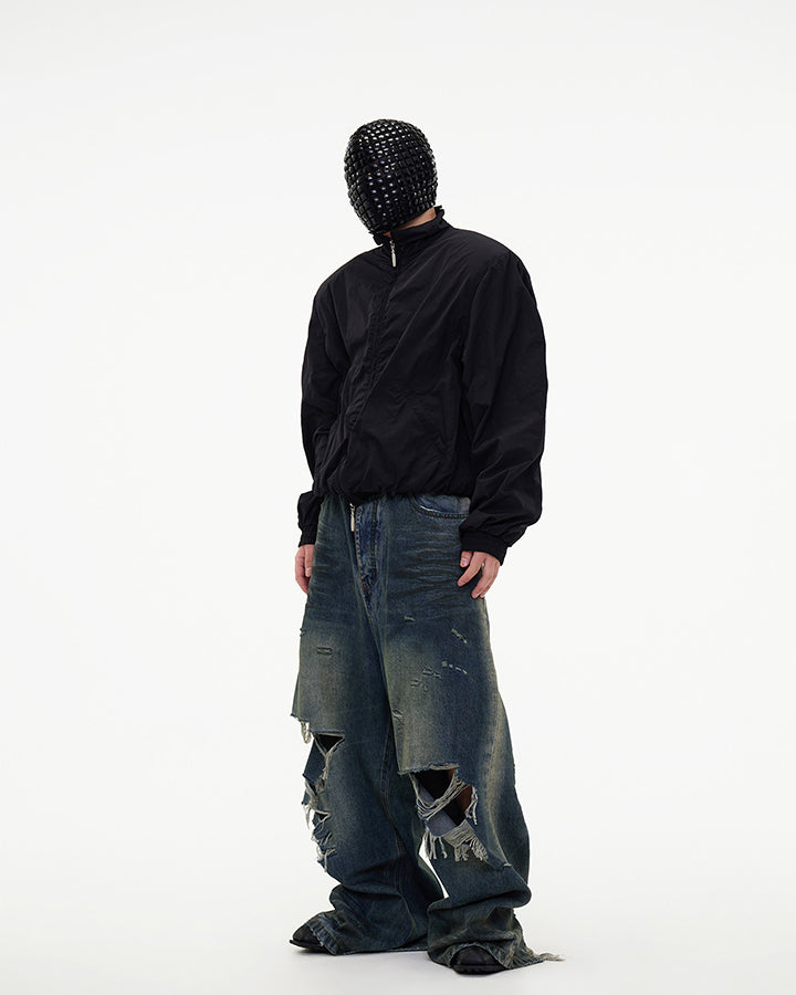 Grunge Distressed Raw Hem Wide Denim Pants New