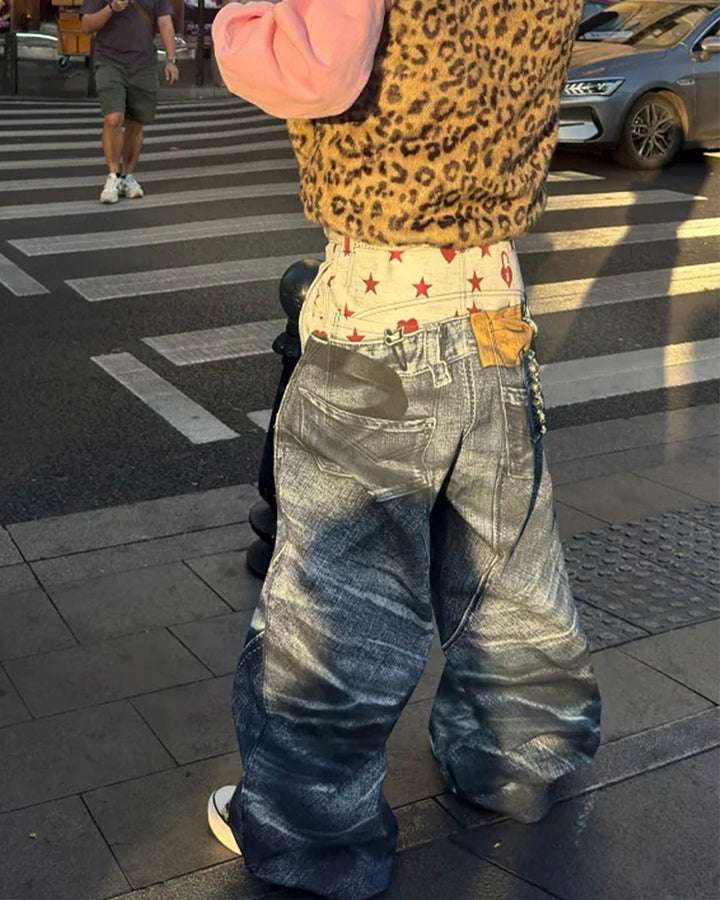 Print Denim Illusion Wide-Leg Pants