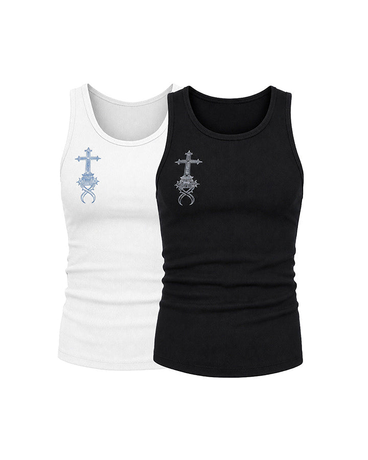 GRYFT Gothic Cross Embroidered Slim Fit Ribbed Tank Top