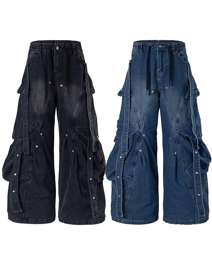 New Dark Washed Utility Strap Wide Leg Jeans