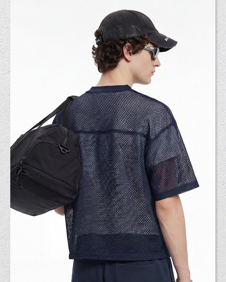 Black Mesh Number Print V-Neck T-Shirt