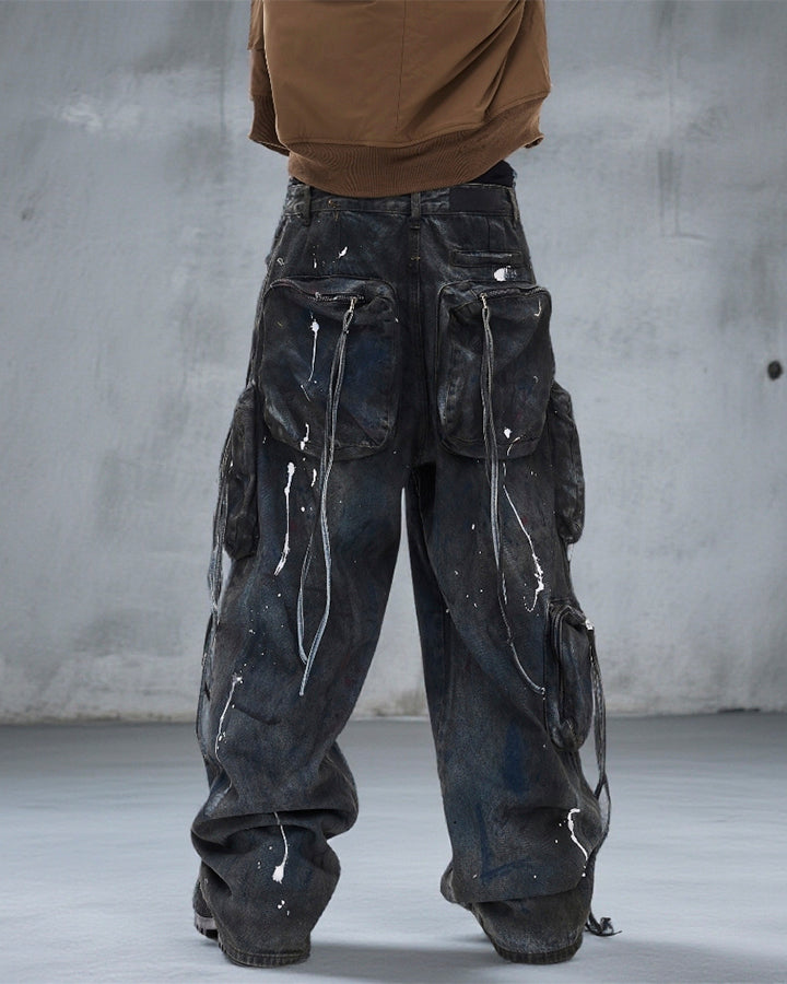 Paint Splatter Cargo Wide Leg Denim Pants