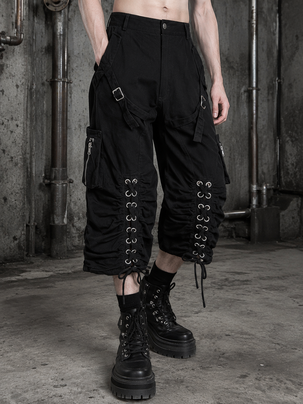 Distressed Cargo Wide-Leg Pants with Straps