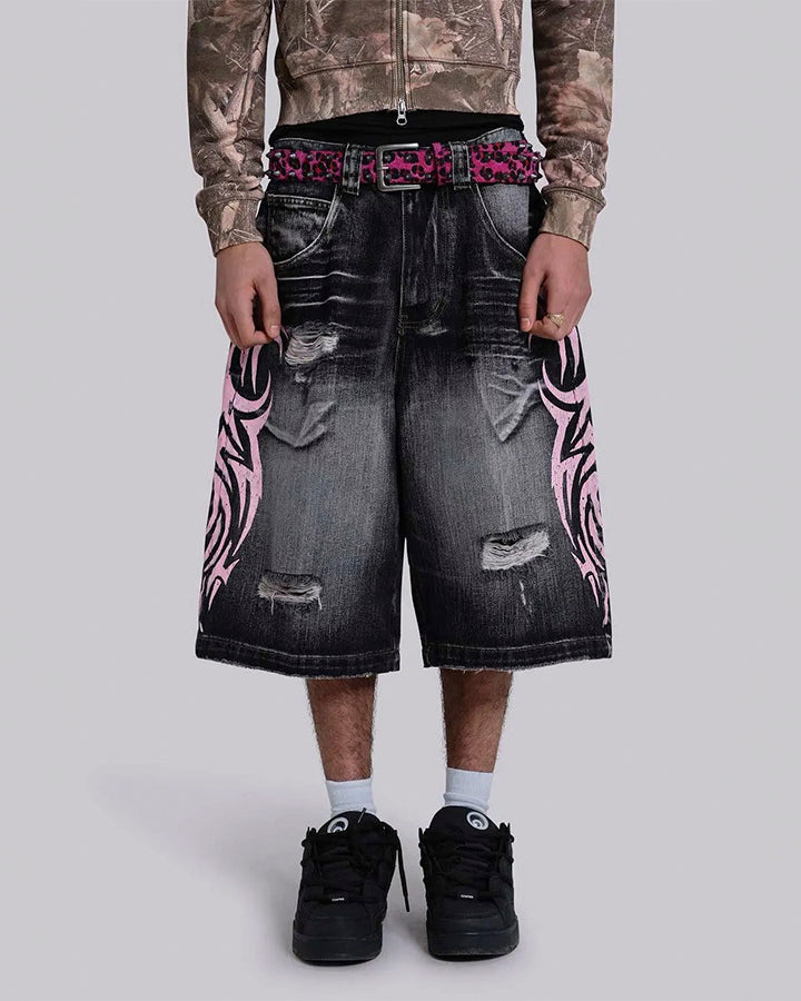 Distressed New Tribal Print Denim Shorts