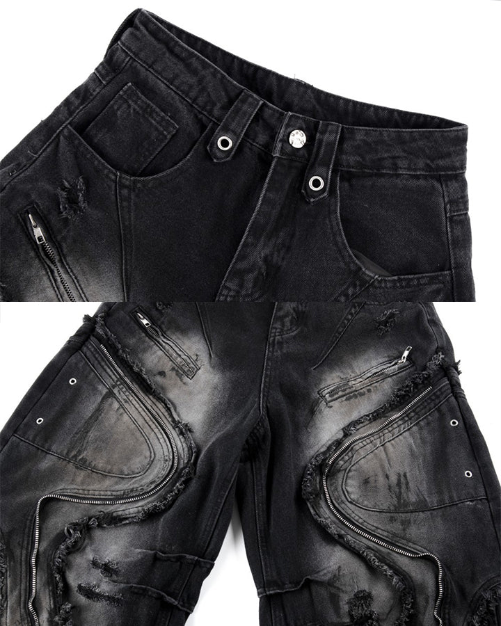 Dark Wavy Zipper Deconstructed Wide Denim Pants New