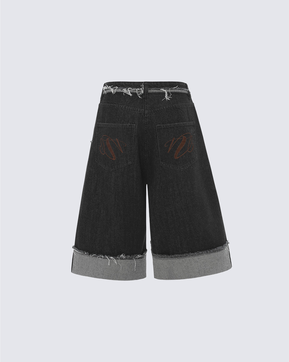 New Dark Raw Edge Cuffed Wide Denim Shorts