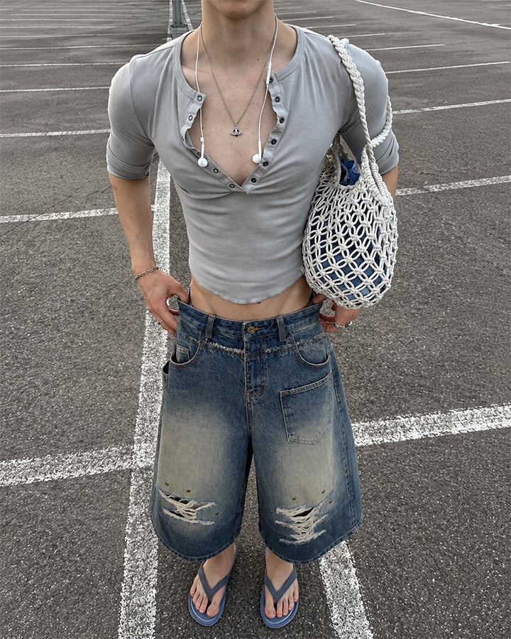 Vintage Distressed Washed Denim Cropped Shorts
