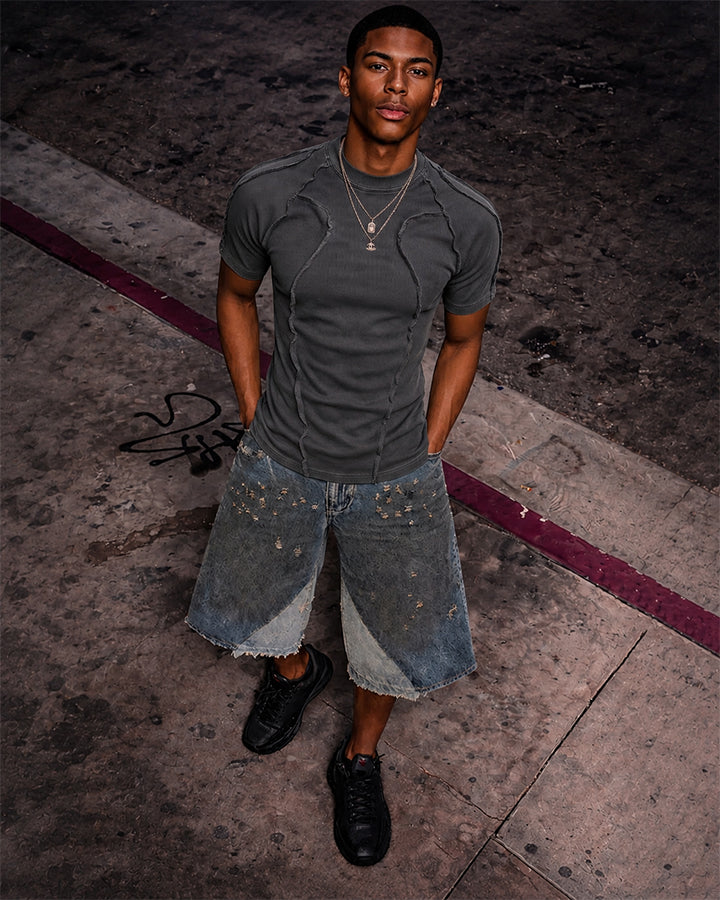 Dark Washed Deconstructed Seam Short Sleeve T-Shirt